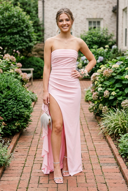 Strapless Ruched Maxi Dress with Cascading Ruffle Slit