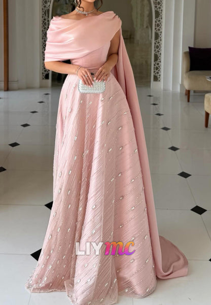 Asymmetrical Draped Evening Gown with Beaded Skirt