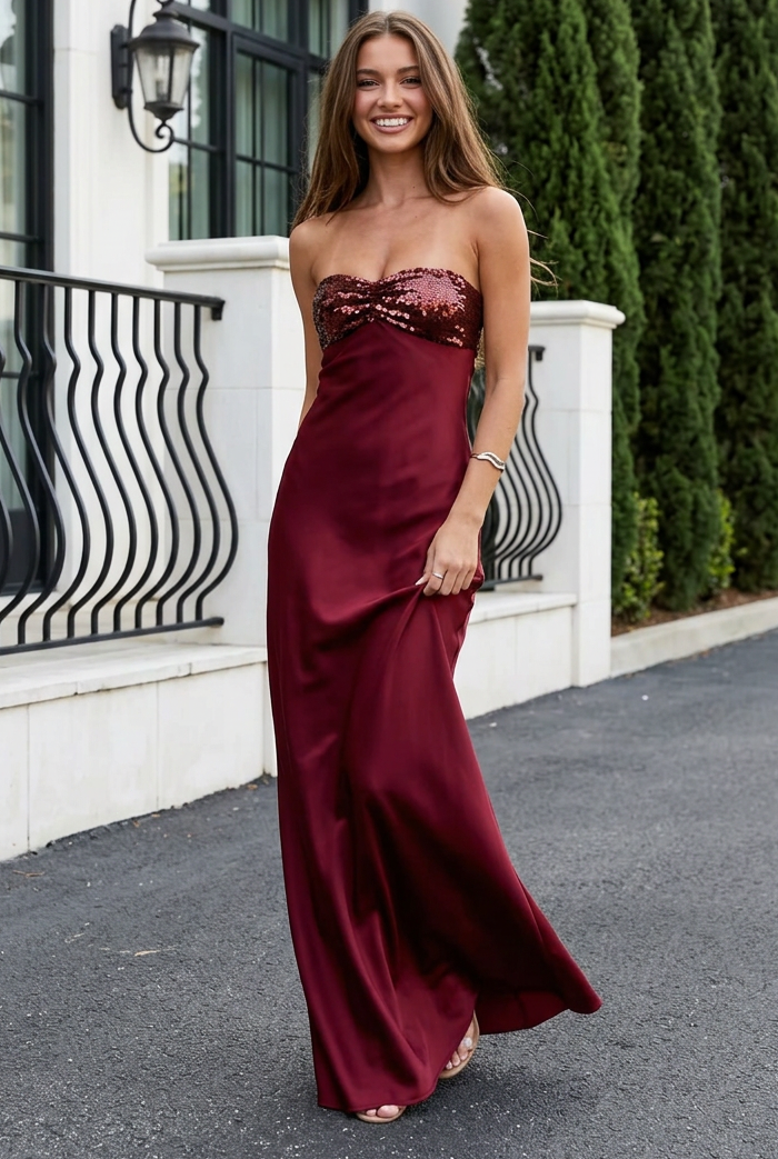 Strapless Sequin Bust Satin Maxi Dress