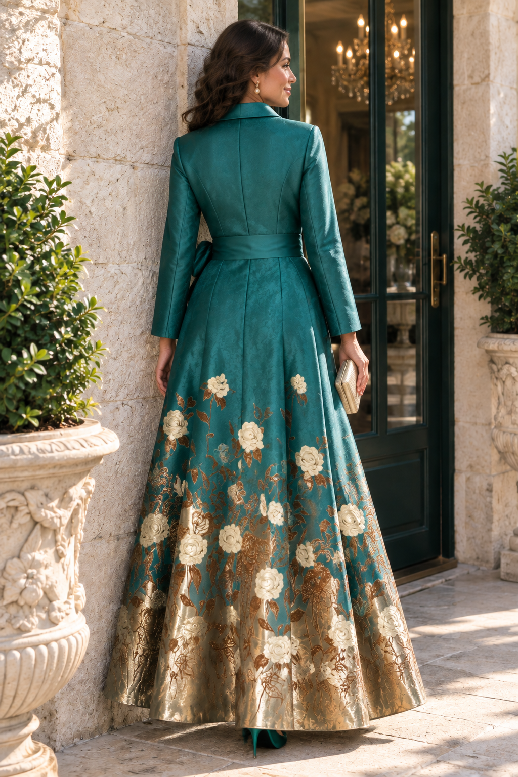 Floral Jacquard Long Sleeve Shirt Gown