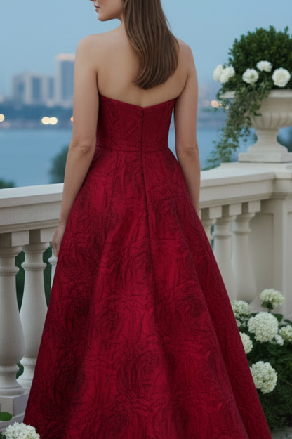 Strapless Floral Jacquard A-Line Evening Gown