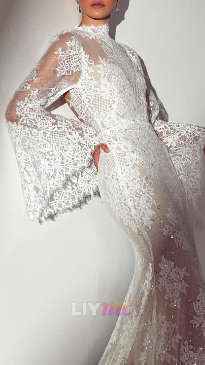 Lace High Neck Bell Sleeve Wedding Dress