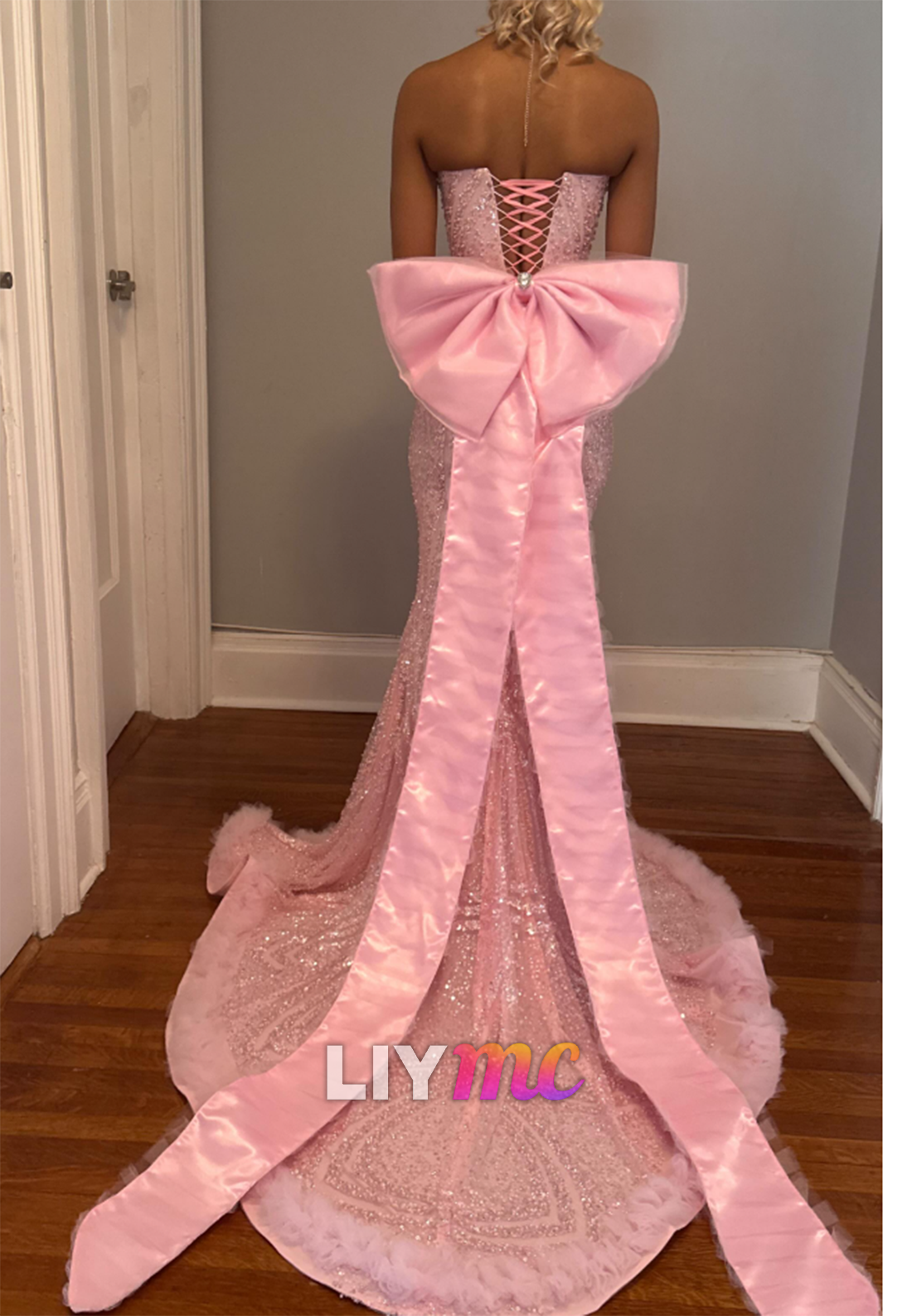 Sequined Mermaid Gown with Crystal Bodice and Bow