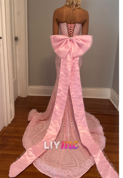 Sequined Mermaid Gown with Crystal Bodice and Bow