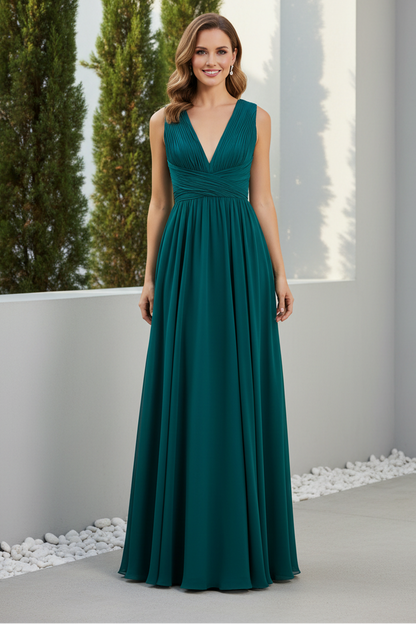 Pleated V-Neck A-Line Evening Gown with Low Back