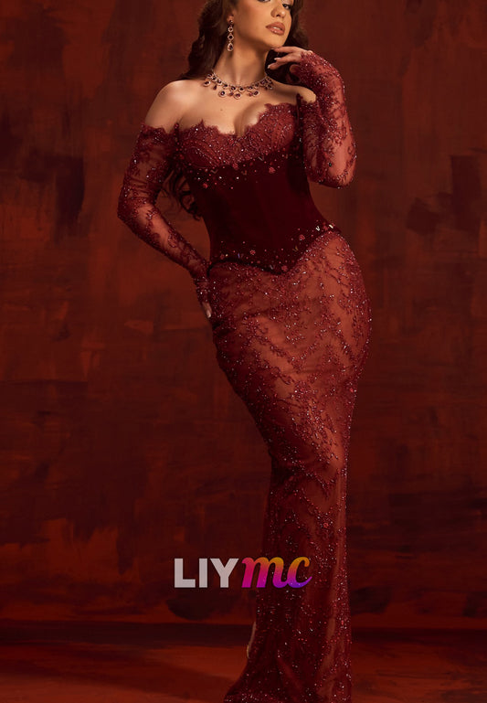 Corset Evening Gown with Beaded Lace Sleeves