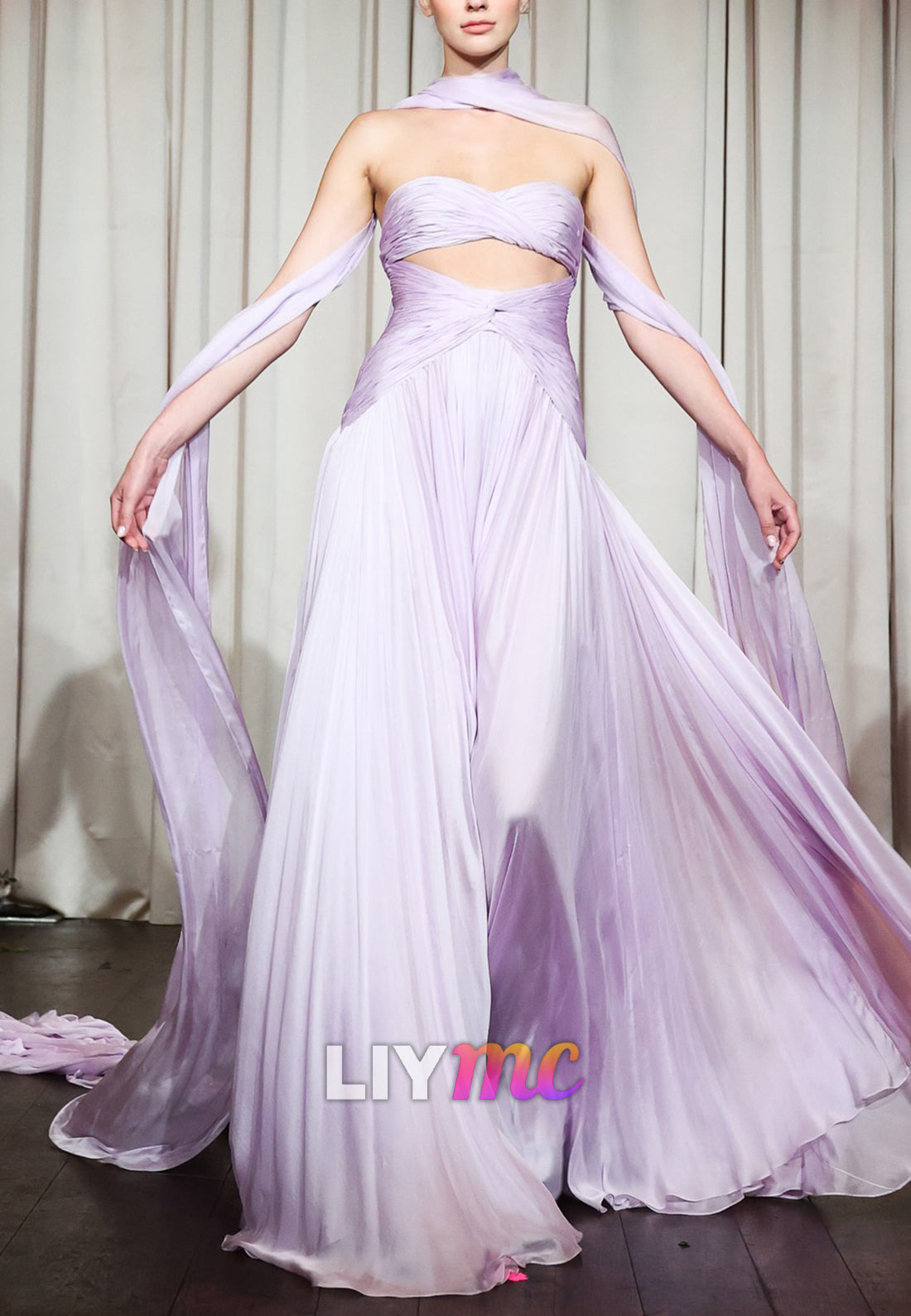 Strapless Pleated Chiffon Gown with Cut-Out