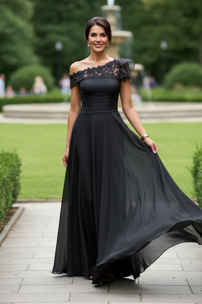 Asymmetrical Satin and Lace Evening Gown