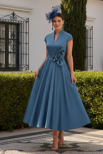 Elegant Satin A-Line Midi Dress with 3D Flower