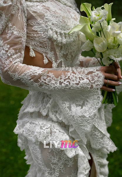 Lace High Neck Bell Sleeve Wedding Dress