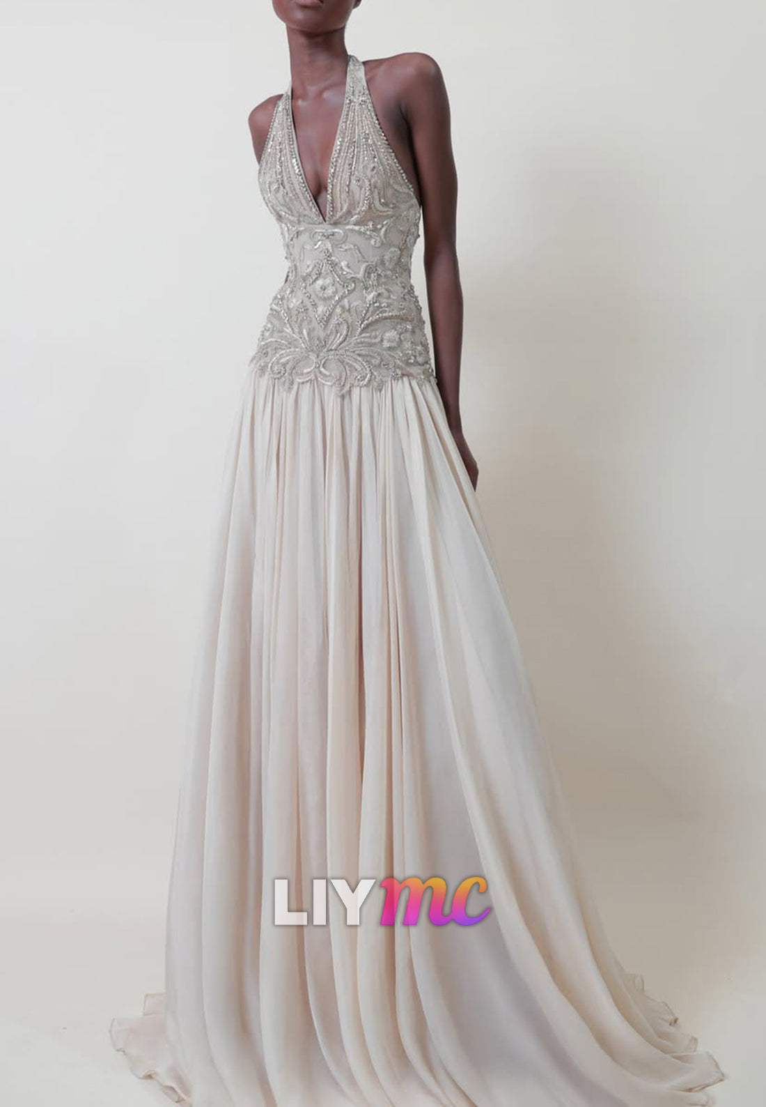 Halter Beaded Bodice Pleated Evening Gown