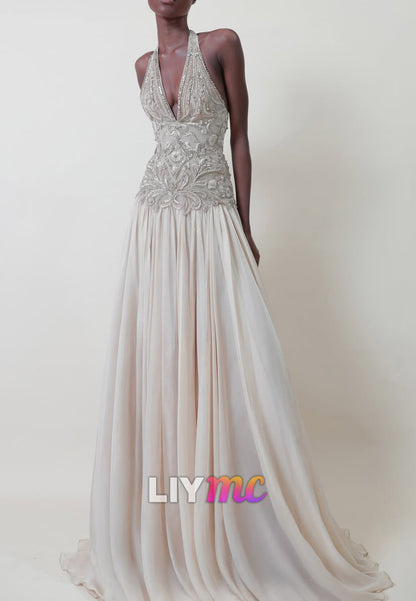 Halter Beaded Bodice Pleated Evening Gown