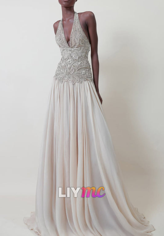 Halter Beaded Bodice Pleated Evening Gown