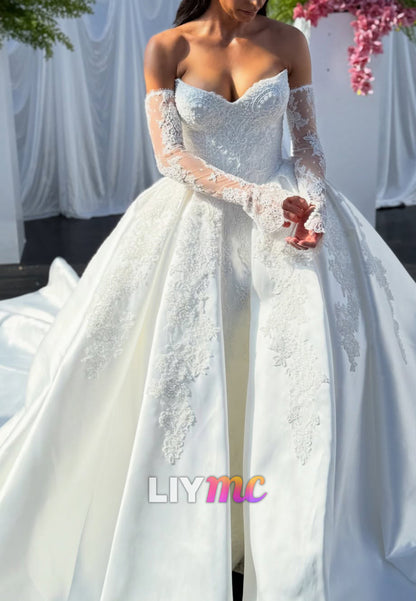 Off-Shoulder Ball Gown with Lace Sleeves & Satin Skirt