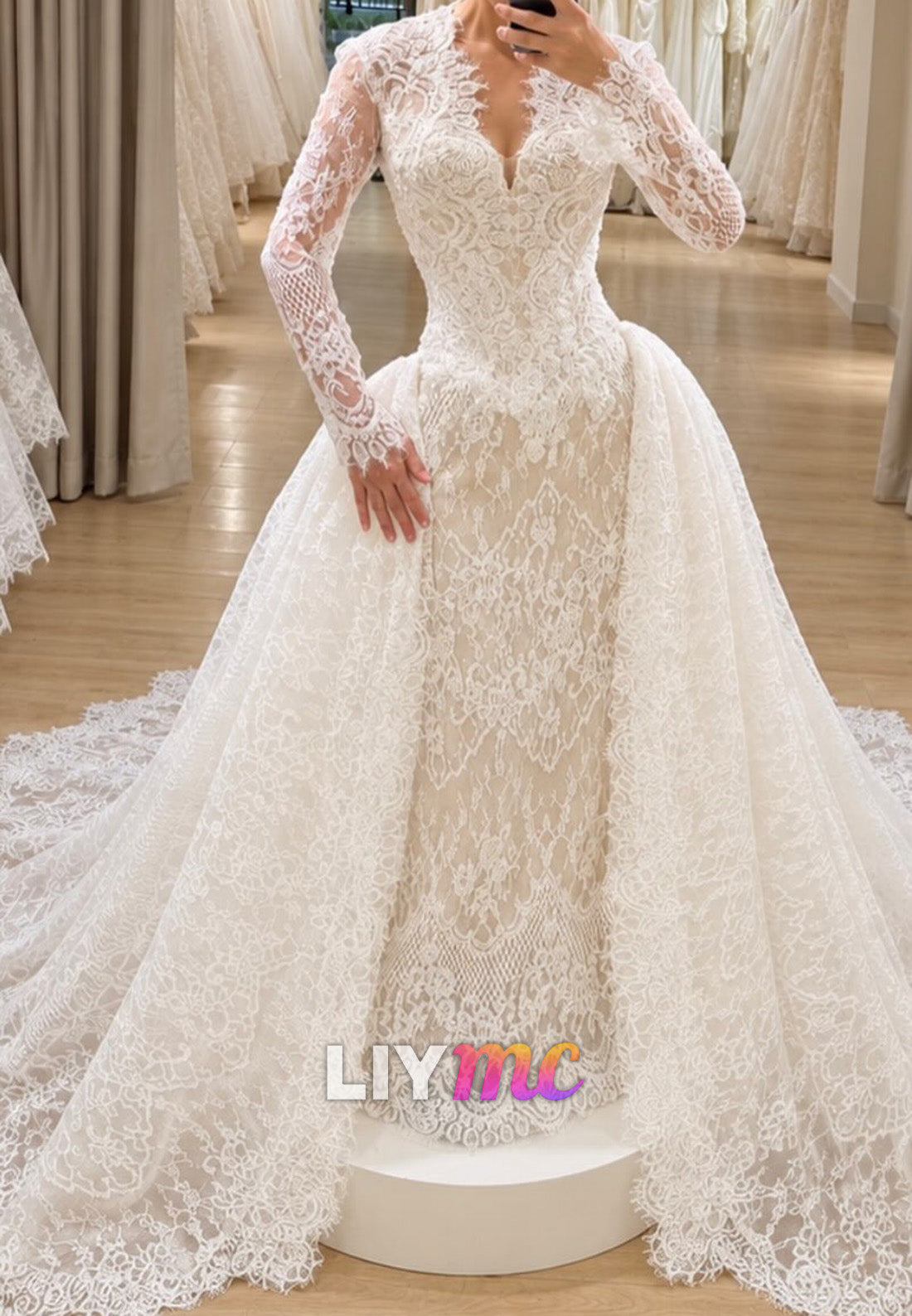 Lace Long Sleeve Wedding Dress with Overskirt