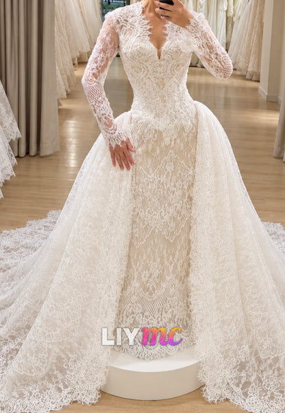 Lace Long Sleeve Wedding Dress with Overskirt