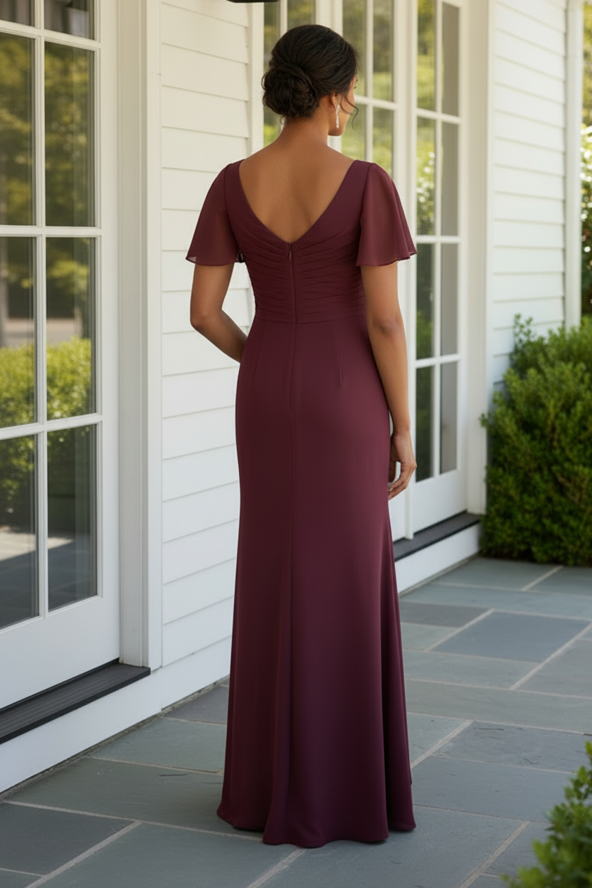 Ruched Flutter Sleeve Evening Gown with High Slit