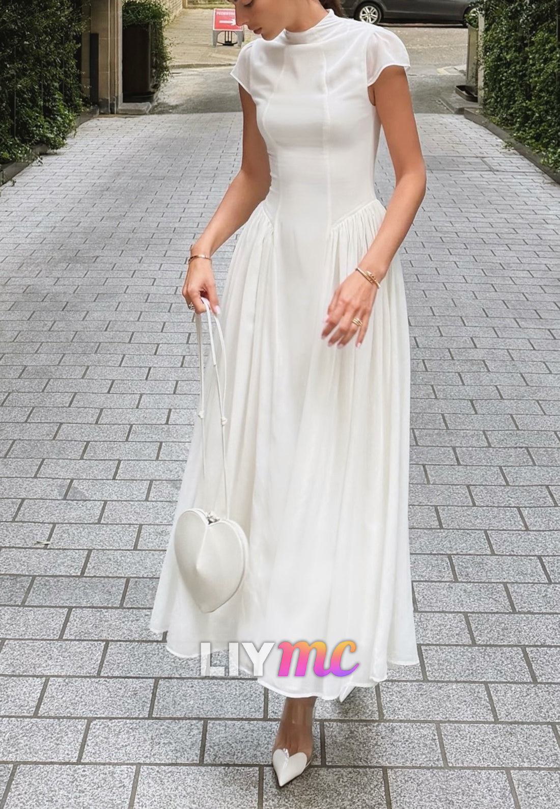 High Neck Cap Sleeve Pleated A-Line Midi Dress