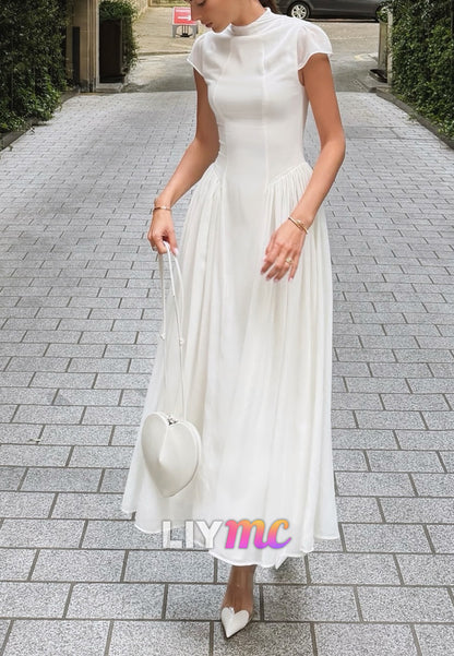 High Neck Cap Sleeve Pleated A-Line Midi Dress