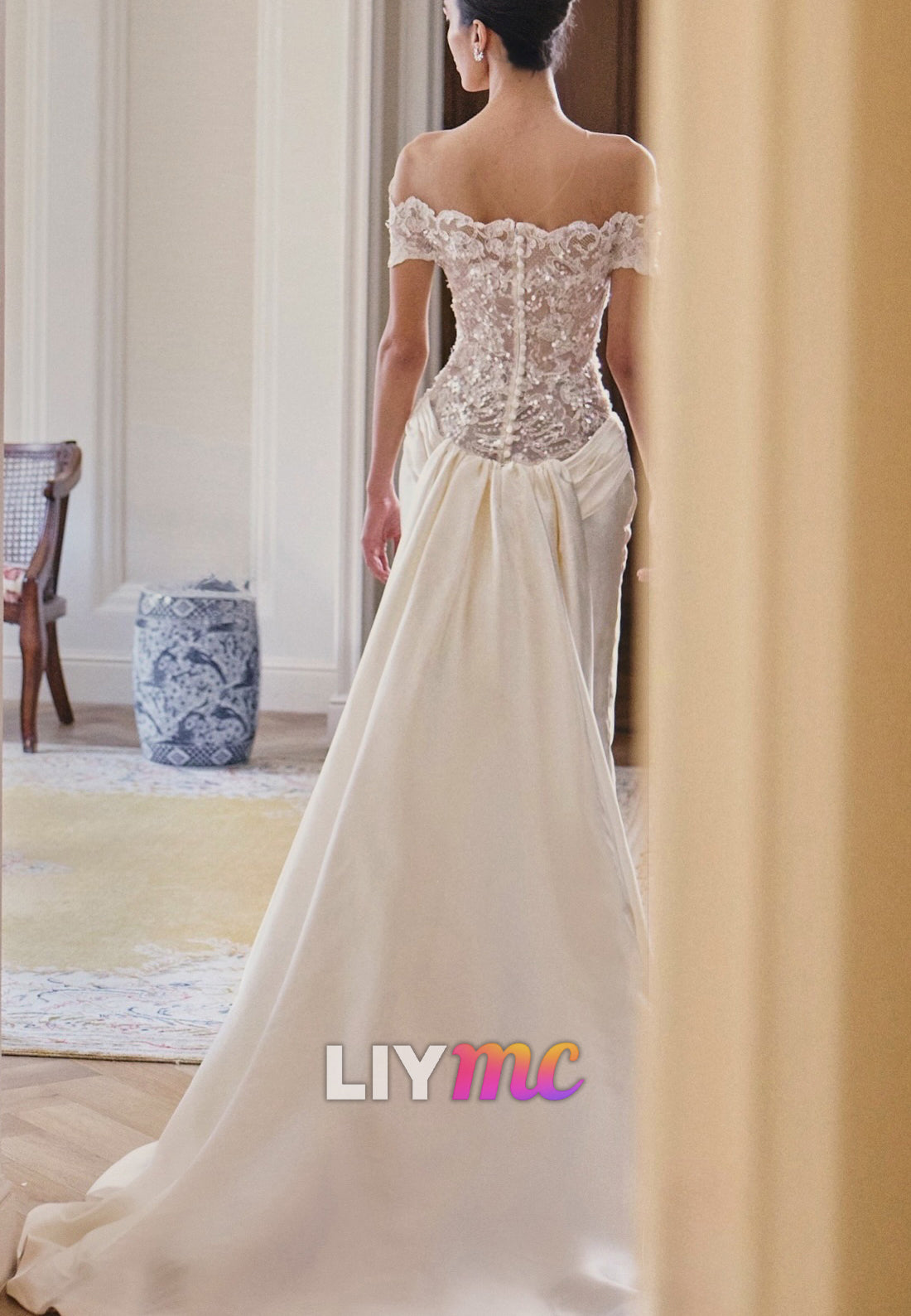 Off-the-Shoulder Lace and Satin Mermaid Wedding Dress