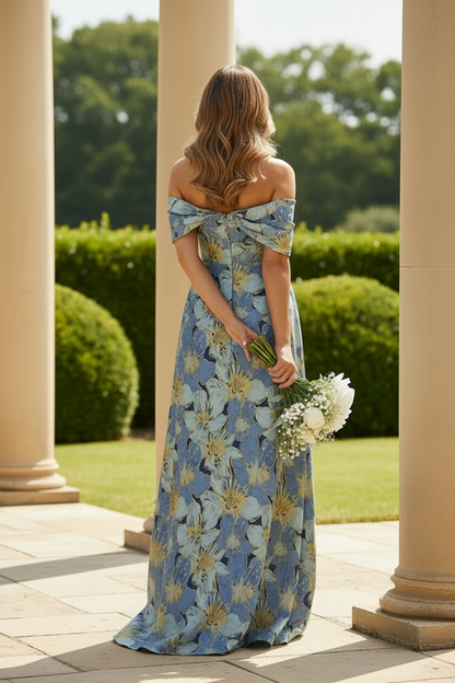 Off-Shoulder Floral Jacquard Evening Gown