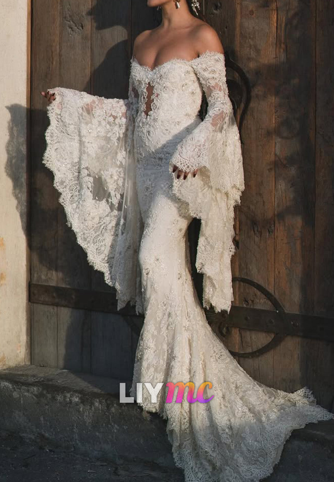 Lace Off-the-Shoulder Bell Sleeve Mermaid Gown