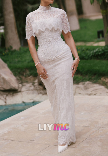 High Neck Lace Sheath Wedding Dress with Capelet