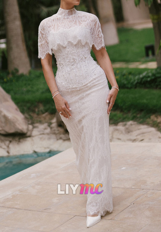 High Neck Lace Sheath Wedding Dress with Capelet