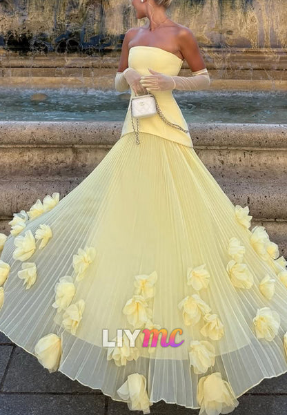 Strapless Drop-Waist Gown with Pleated 3D Floral Skirt