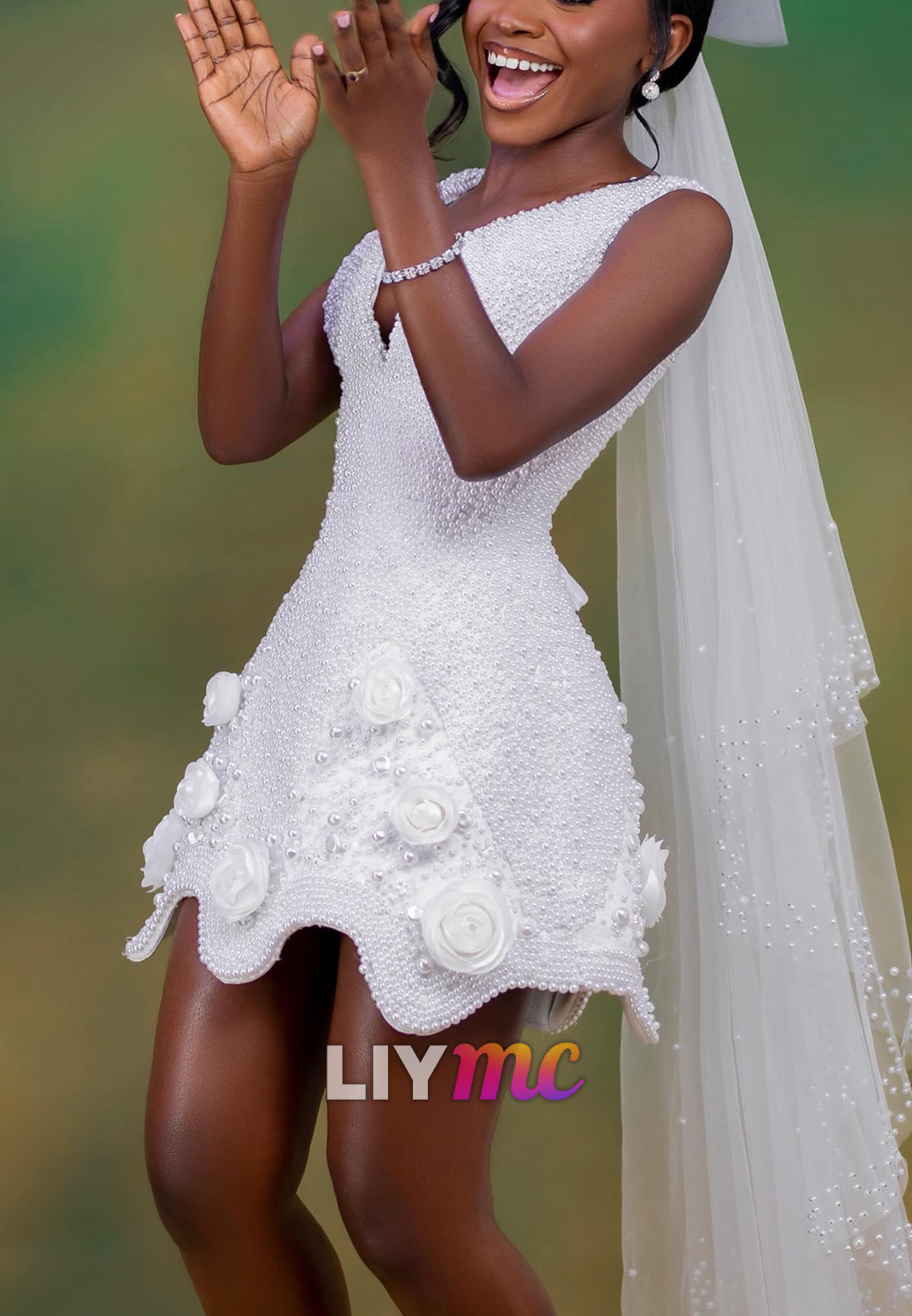 Pearl Beaded Mini Wedding Dress with 3D Flowers