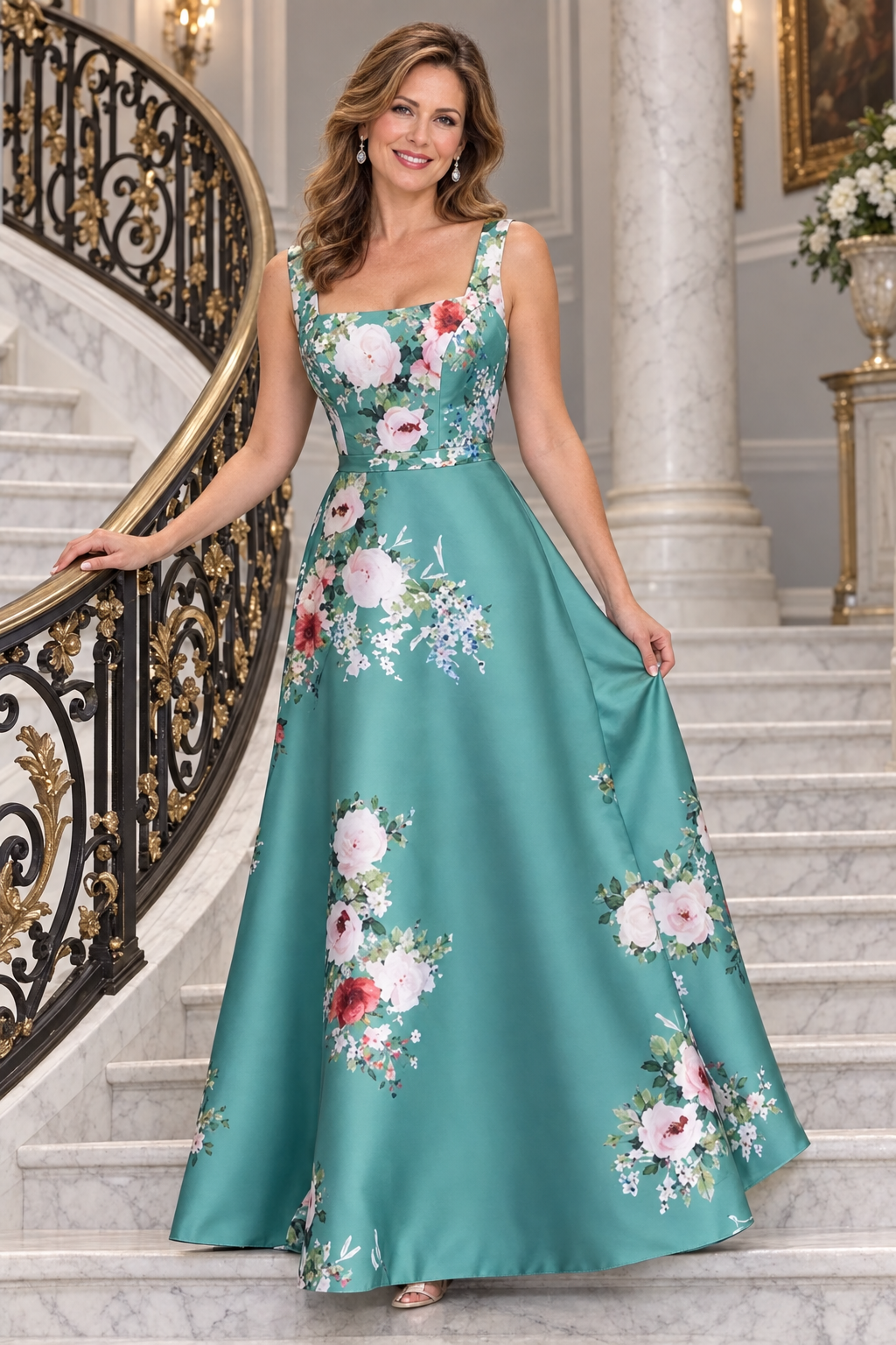 Floral Print Satin A-Line Gown with Scoop Neck