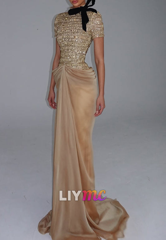 High Neck Sequin Beaded Gown with Draped Satin Skirt