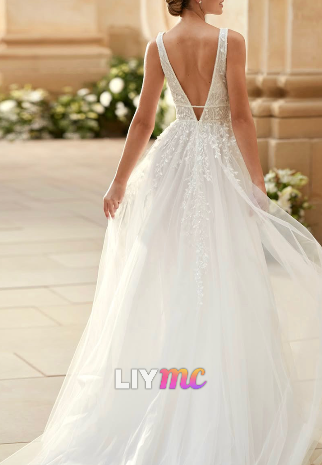 A-Line Lace Applique Tulle Wedding Dress with Open Back