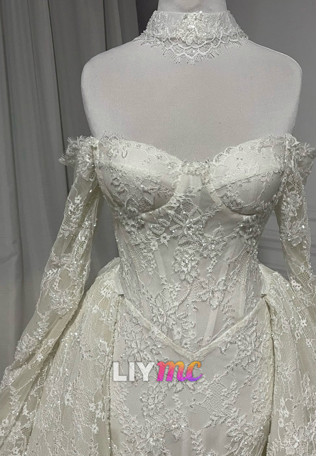 Off Shoulder Lace Corset Ball Gown with Detachable Train