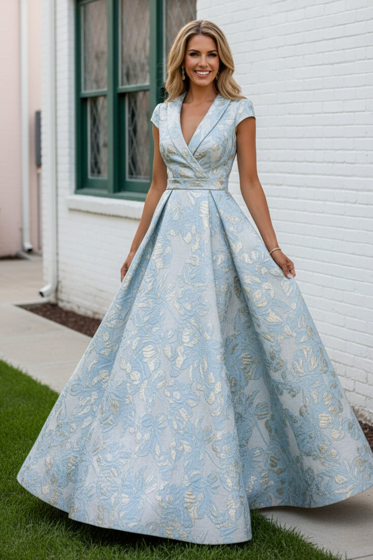 Jacquard Wrap-Over A-Line Evening Gown
