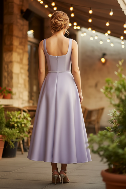 Square Neck A-Line Satin Midi Dress with 3D Flower