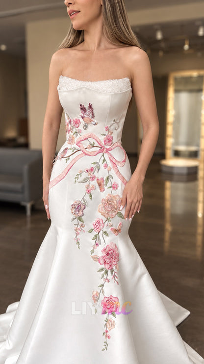 Strapless Floral Embroidered Mermaid Gown