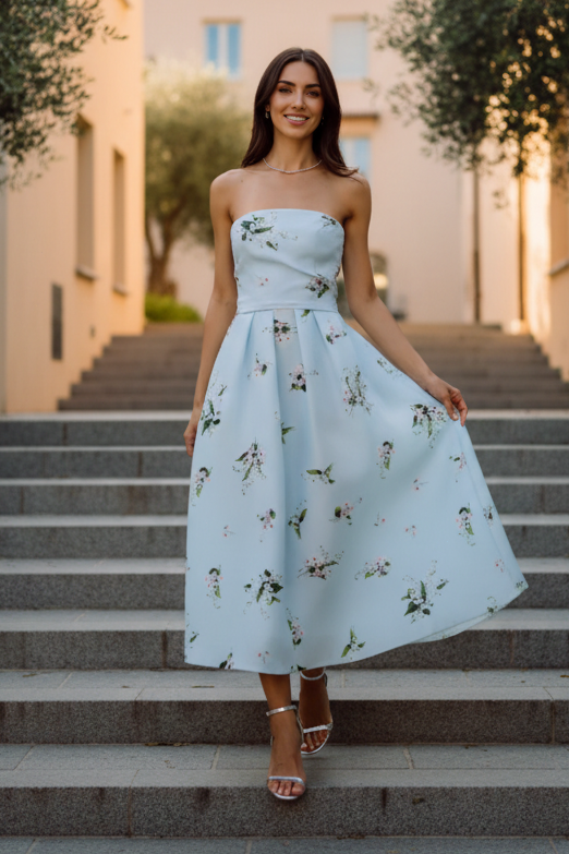 Strapless Floral Print Pleated Midi Dress