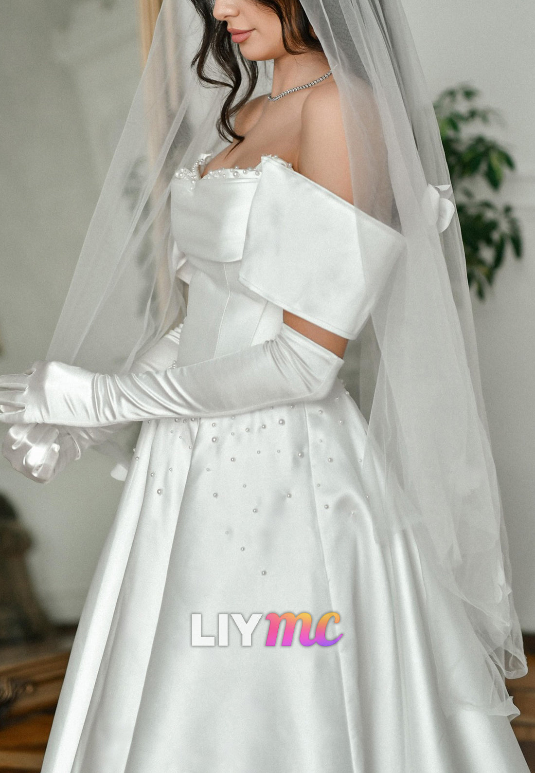 Elegant Pearl-Beaded Satin A-Line Wedding Dress