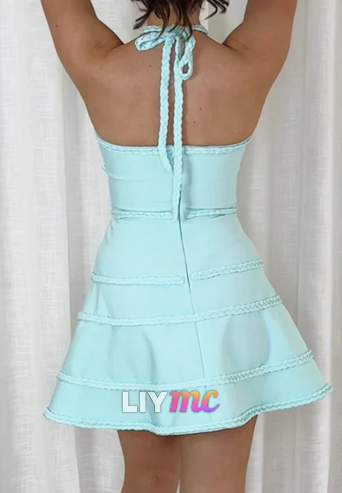 Halter Neck A-Line Mini Dress with Braided Trim