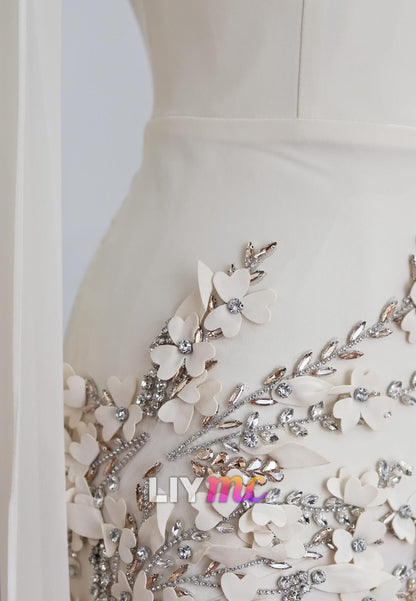 Floral Beaded Illusion Cape Sleeve Evening Gown