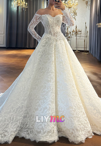 Off-the-Shoulder Lace Ball Gown Wedding Dress