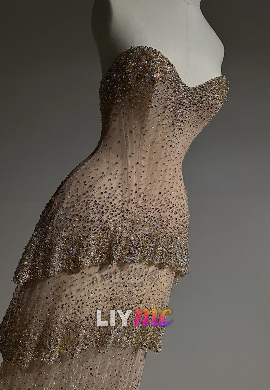 Strapless Tiered Beaded Corset Evening Gown