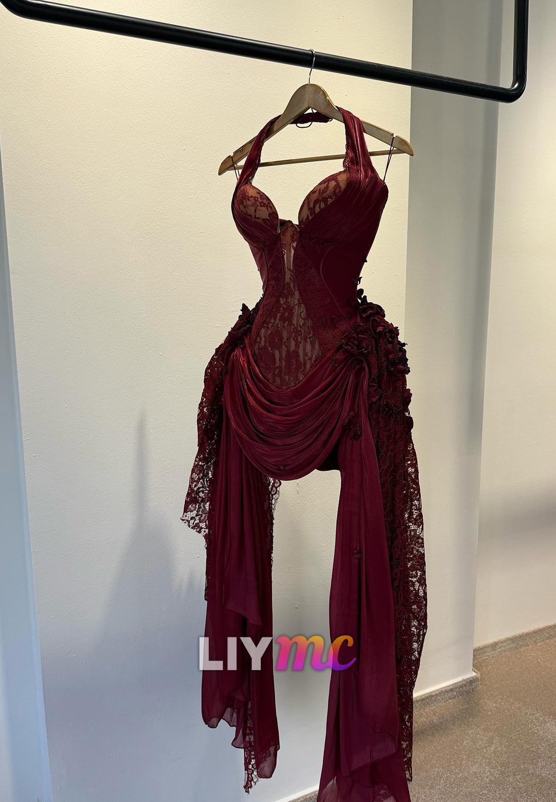 Halter Lace Corset Evening Dress with Slit