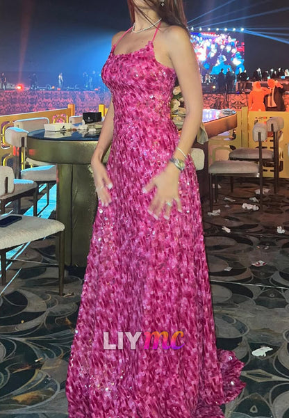 Sequined Spaghetti Strap A-Line Gown