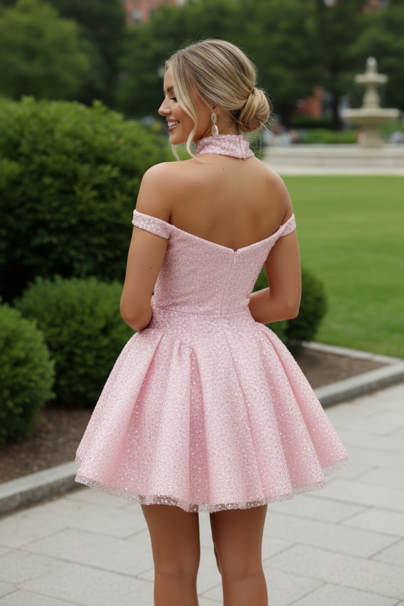 Off-the-Shoulder Sequined A-Line Mini Dress
