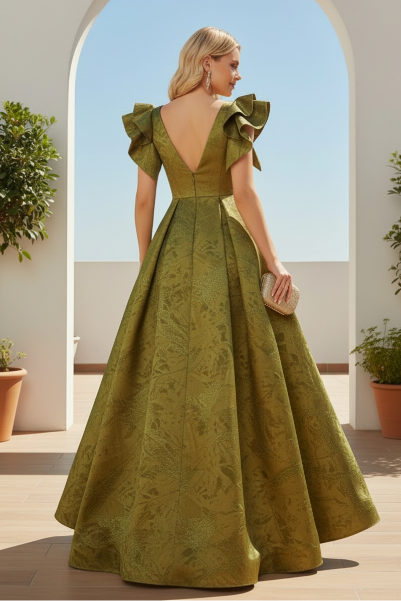 Deep V-Neck Jacquard A-Line Gown with Flutter Sleeves