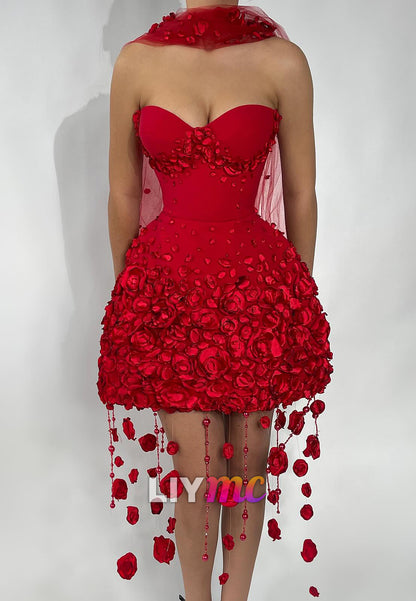 Strapless 3D Flower Bubble Skirt Mini Dress