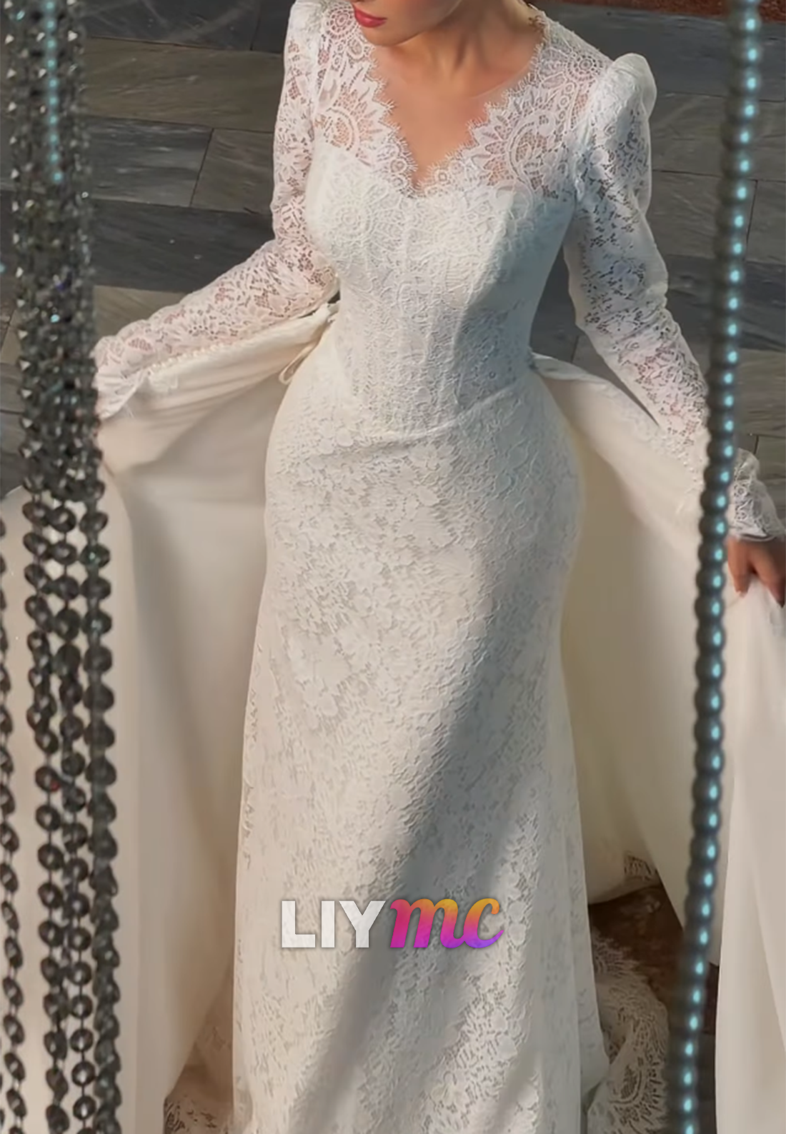 Lace Long Sleeve Wedding Dress with Overskirt