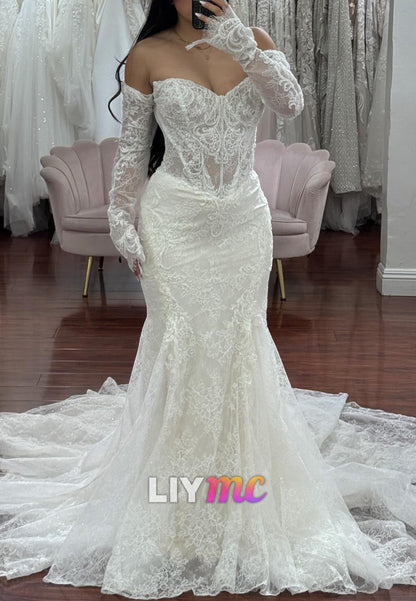 Off Shoulder Lace Mermaid Wedding Dress with Long Sleeves
